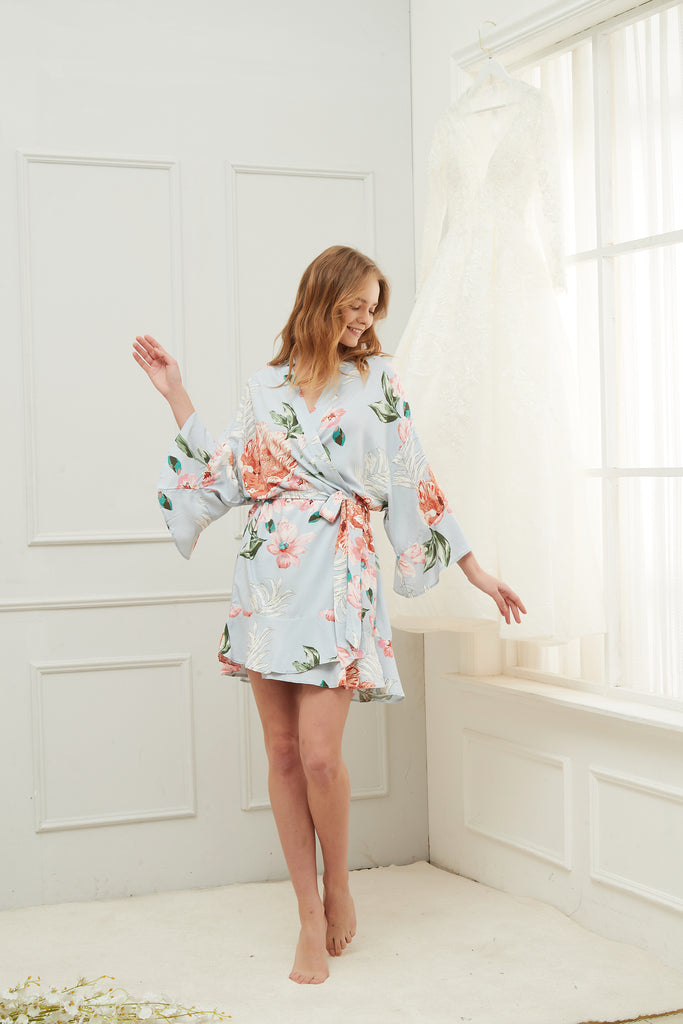 Stunning dusty blue floral ruffle robe, perfect for the bride and bridesmaids to wear the morning of the wedding.