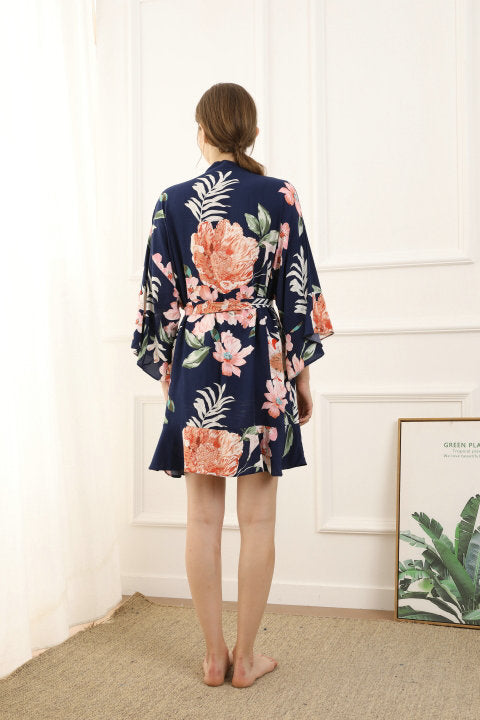 Stunning navy floral ruffle robe, perfect for the bride and bridesmaids to wear the morning of the wedding.
