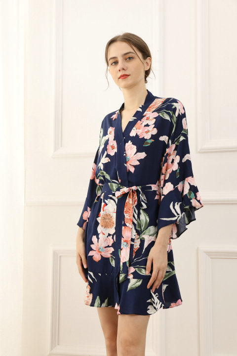 Stunning navy floral ruffle robe, perfect for the bride and bridesmaids to wear the morning of the wedding.