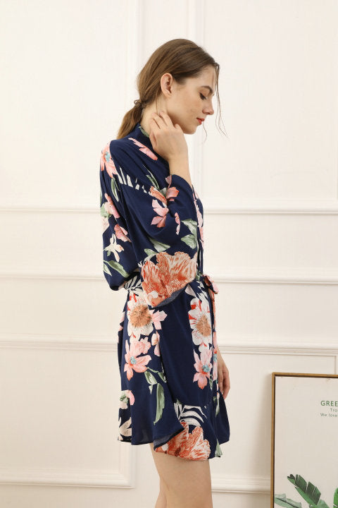 Stunning navy floral ruffle robe, perfect for the bride and bridesmaids to wear the morning of the wedding.