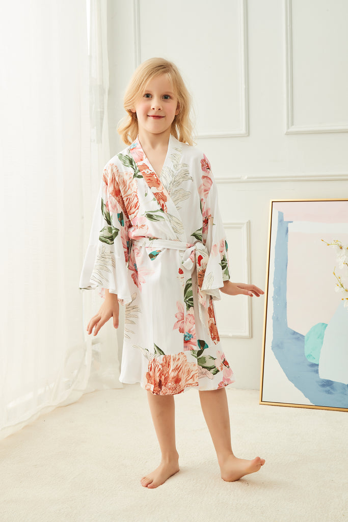 Stunning white floral ruffle robe, perfect for the bride and bridesmaids to wear the morning of the wedding.