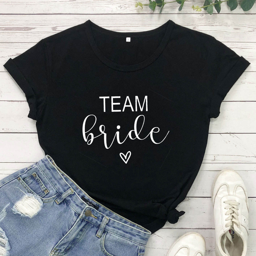 Black Team Bride T-Shirt. The perfect t-shirt for the bridesmaids the morning of the wedding or even on the hen do!